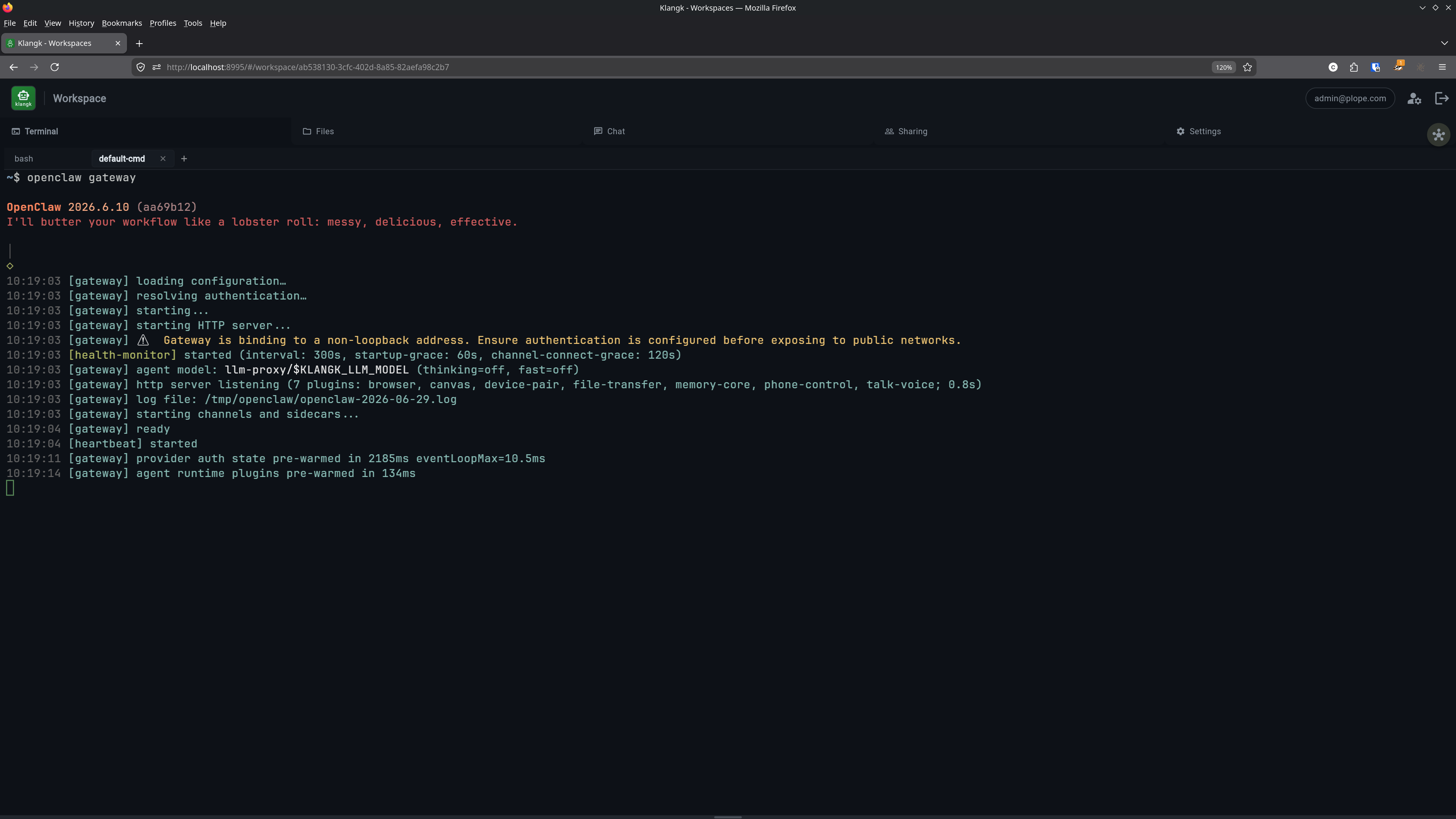 A service workspace with openclaw gateway already running via service command